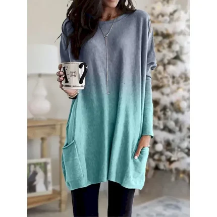 Women's Loungewear Top Gradient Simple Casual Comfort Home Daily Breathable Crew Neck Long Sleeve Pocket Fall Winter Home Outfits 2025