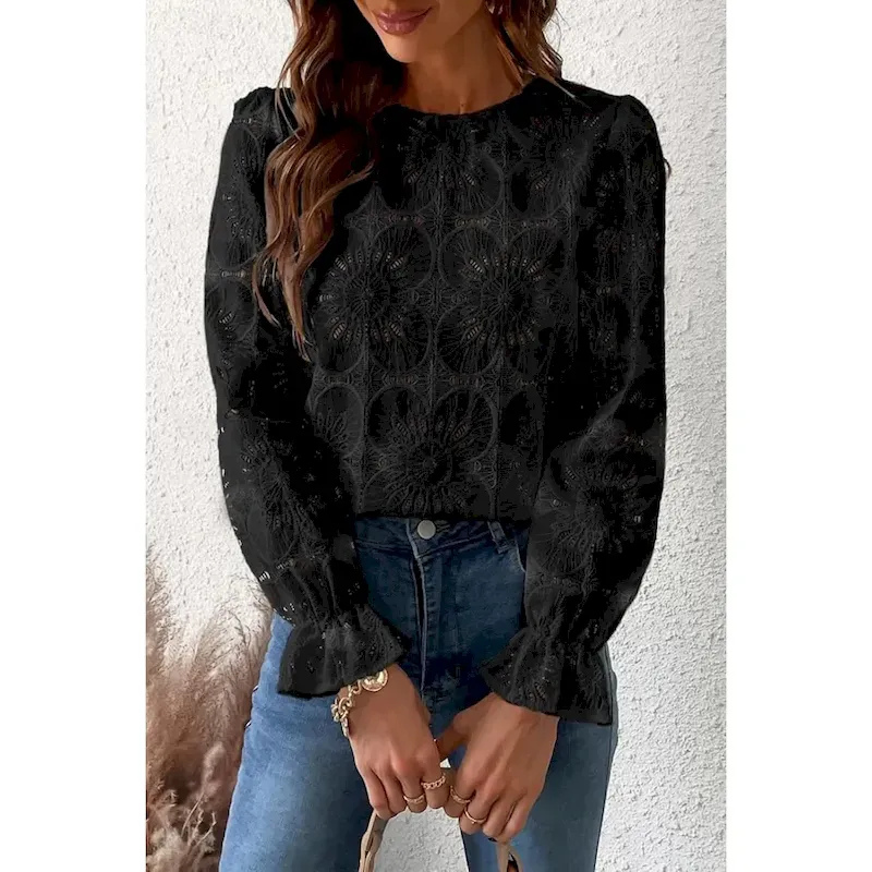 bkzsda1742543425080.webp Women's Lace Shirt Blouse Plain Active Casual Long Sleeve Crew Neck Regular Tops Daily Holiday Lace Black White Pink Light Blue Summer 2025 - Image 1