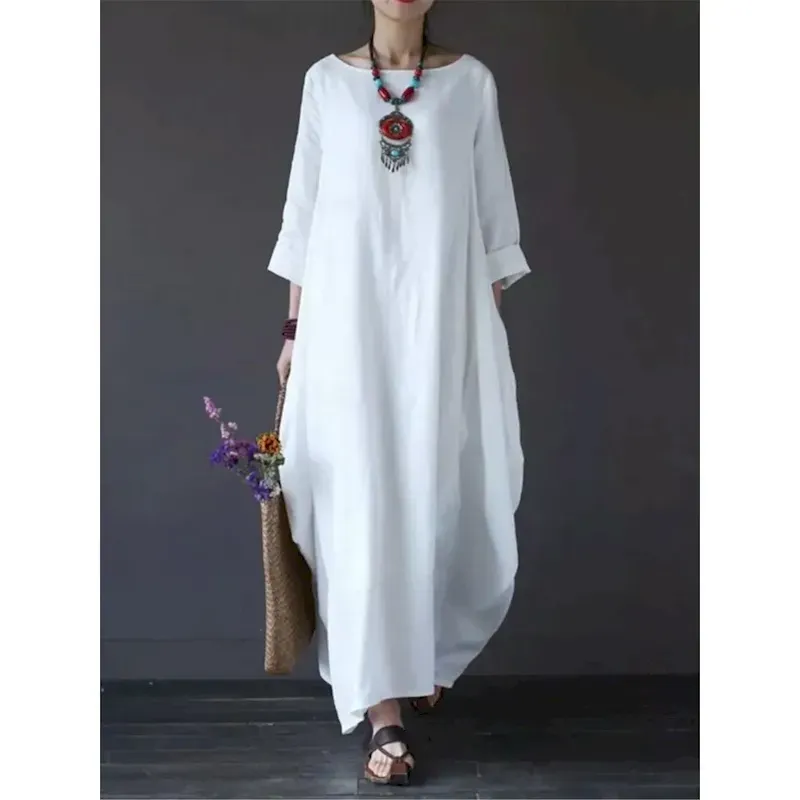 hntyog1712813027266-1.webp Women's Black White Red Summer Spring Maxi Dress Linen-Inspired Dresses White Dress Cotton Linen Dress Casual Daily Weekend Loose Fit Plain Crew Neck - Image 1