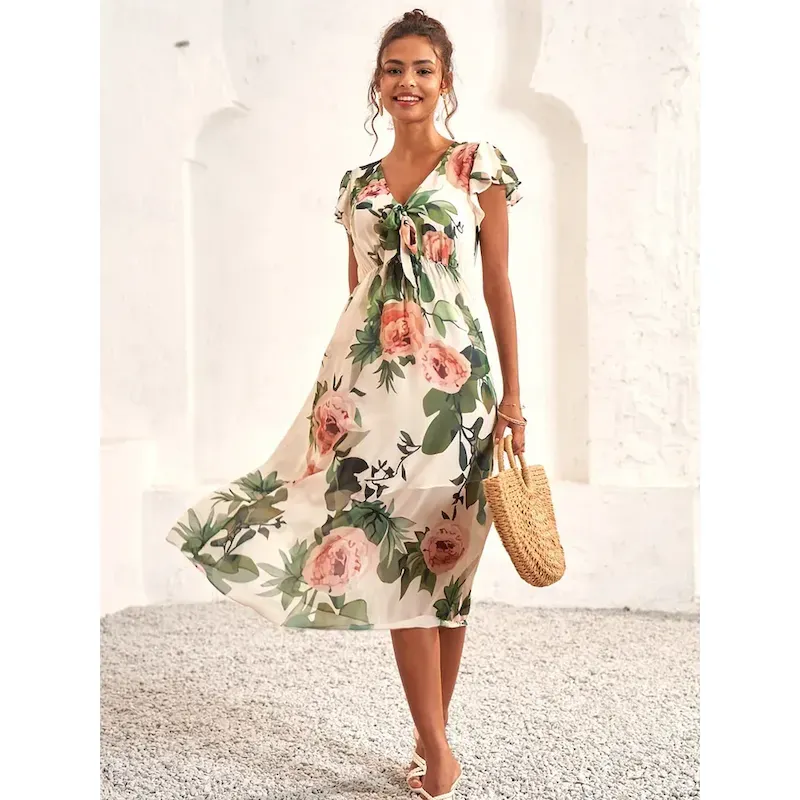 jubfrb1717399967856.webp Women's Midi Dress Floral V-Neck A-Line Flutter Sleeve Rose Pattern Lightweight Summer Garden Party Wedding Guest Brunch Flowy Feminine White Pink Gre - Image 1