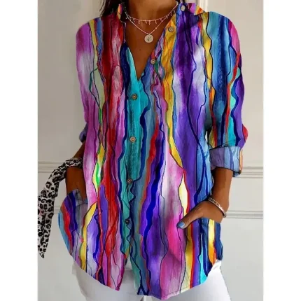 Women's Shirt Button Down Tunic Shirt Collar Long Sleeve Graphic Geometric Casual Regular Tops Work Daily s Print Blue Purple Fuchsia Green Spring Fal