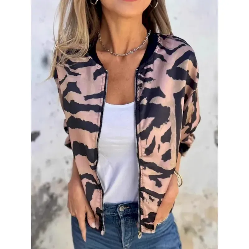 nweofl1750331635310-154.webp Women's Bomber Jacket Casual Jacket Comfortable Breathable Zipper Print Casual Leopard Vacation Street Casual Daily Wear Zipper Regular Stand Collar R - Image 1