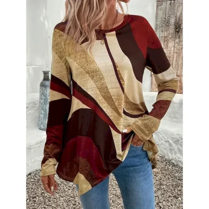 Women's Tunic T Shirt Geometric Casual Long Sleeve Crew Neck Regular Tops Daily Print Asymmetrical Brown Spring &  Fall 2025