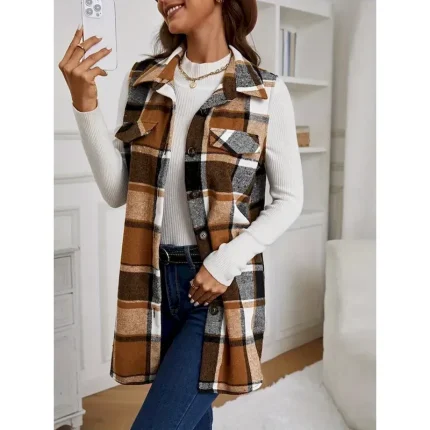 Women's Vest Dailywear Button Plaid Comfortable Stylish Regular Fit Outerwear Long Sleeve Fall Pink S 2025
