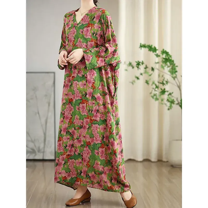 qefvax1737532189495.webp Women's Maxi Dress Linen-Inspired Dresses Casual Dress Stylish Casual Vacation Daily Regular Fit Floral Long Sleeve V Neck Red Spring Fall 2025 - Image 1
