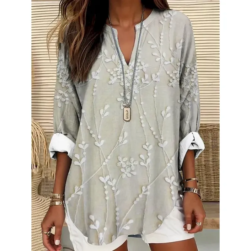 qsmkth1747273643220.webp Women's Blouse Tunic V Neck Long Sleeve Boho Casual Tops Summer Tops Floral Graphic Vintage Tropical Regular Tops Daily Wear Print Navy Blue Blue Purp - Image 1