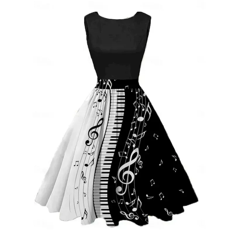 rgyygx1679478660030.webp Women's Retro 1950s Vintage Tea Dresses Midi Dress Daily Holiday Ruched Print Note Crew Neck Sleeveless Slim Summer Spring 2023 Black Wine S M L XL 20 - Image 1