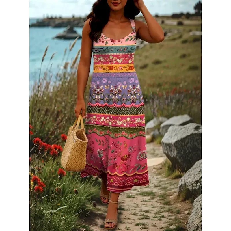 tijjxf1746785380298-1.webp Women's Maxi Dress A Line Dress Off The Shoulder Dress Vacation Casual Boho Party Going out Beach Standard Fit Graphic Tribal Sleeveless Square Neck B - Image 1