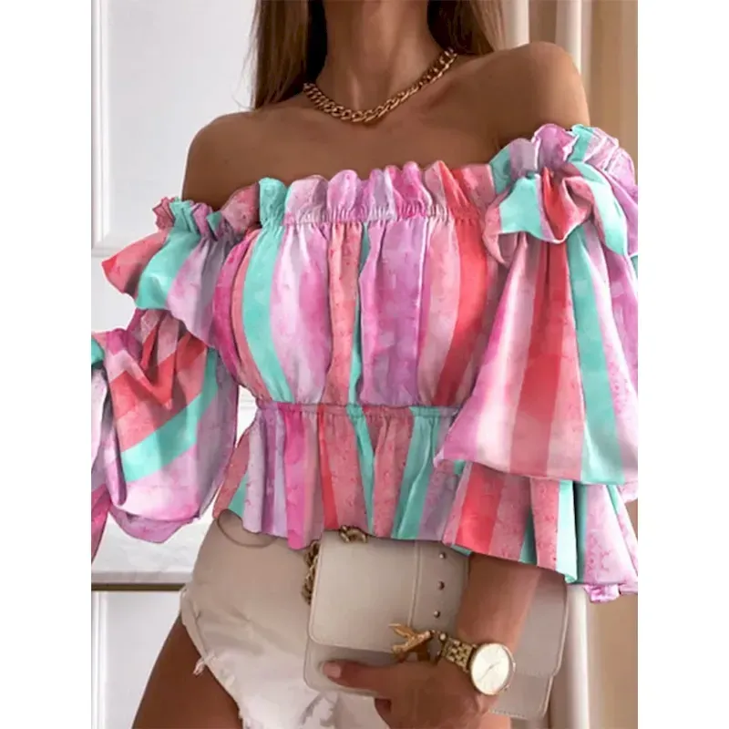 tqbllh1733306240027-1.webp Women's Shirt Blouse Ombre Color Block Casual Half Sleeve Off Shoulder Regular Tops Daily Ruffle Print Pink Blue Green Summer 2025 - Image 1