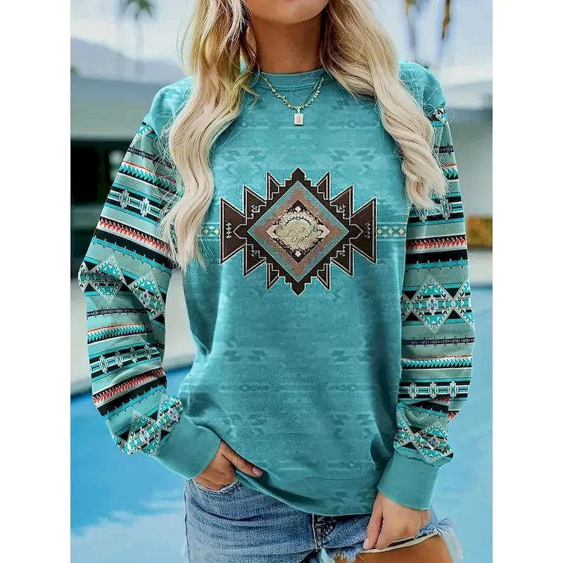 vlxcql1755770772463.webp Women's Pullover Sweatshirt Hoodies Graphic Geometric Tribal Fashion Casual Long Sleeve Crew Neck Round Neck Regular Tops Street Dailywear Print Pink - Image 1