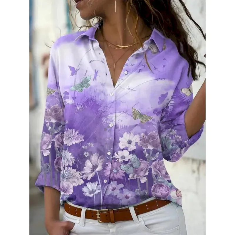 xyagzo1737686807494.webp Women's Shirt Blouse Floral Stylish Casual Long Sleeve Shirt Collar Regular Tops Daily Buttons Print Pink Blue Purple Orange Summer Spring 2025 - Image 1