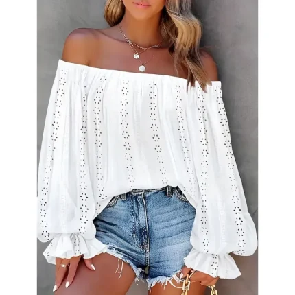 Eyelet top Women's White Plain Off Shoulder Cut Out Going out Independence Day Fashion Daily Off Shoulder Regular Fit Lantern Sleeve S 2025