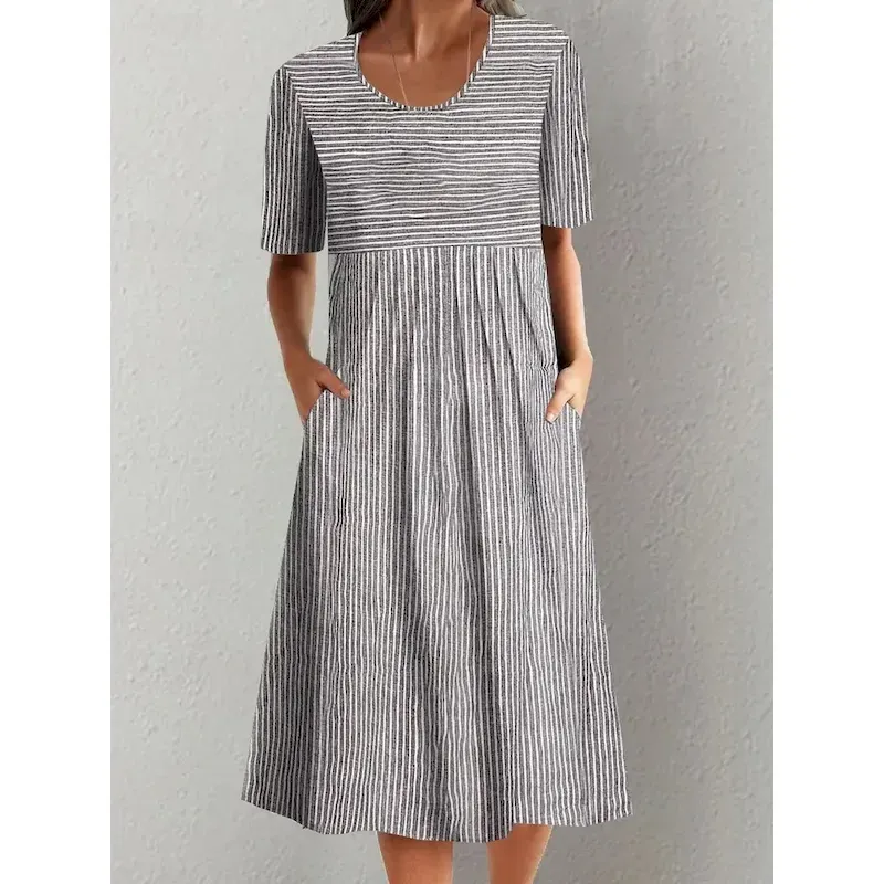 zhijyq1715588348617.webp Women's Jumper Dress Stripe Ruched Print Crew Neck Midi Dress Elegant Bohemia Home Daily Summer 2025 - Image 1