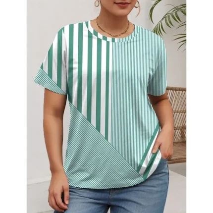 Women's Plus Size Tops T Shirt Graphic Striped Print Short Sleeve Crew Neck Casual Daily Polyester Summer Pink Blue 2025